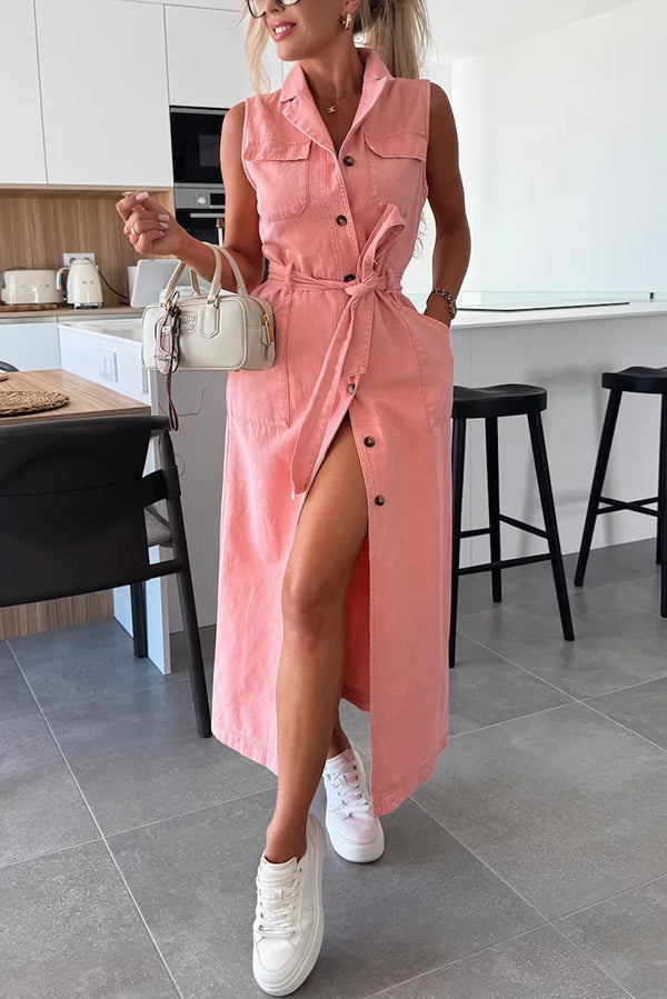 EP | Couleur solide Sans manches Une seule ligne Cravate Taille Casual Sac Denim Robe Midi