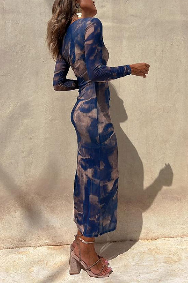 EP | Charm Lady Mesh Overlay Tie Dye Print manches longues ruchées robe midi stretch