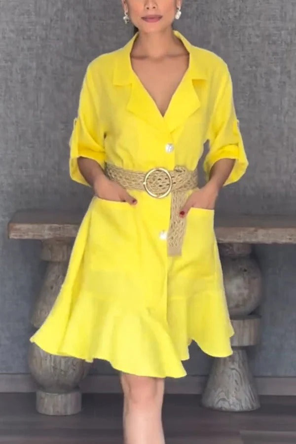 EP | Couleur solide Casual Revers de poche Ruffle Lose Mini Robe
