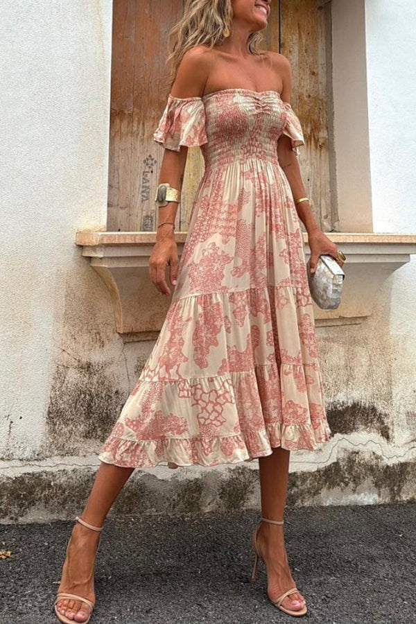 EP | Pitaya Imprimé unique Epaules libres Manches smockées Frou-frou Robe midi stratifiée