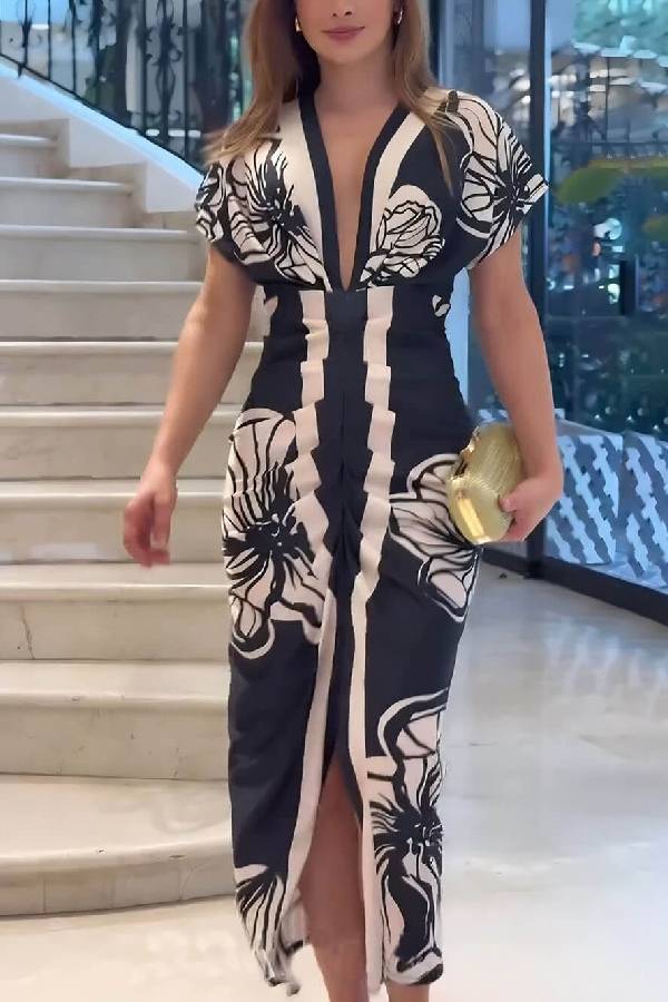 EP | Unique Bella Contraste Couleur Unique Imprimer Dolman manches ruchées Fente Robe Midi