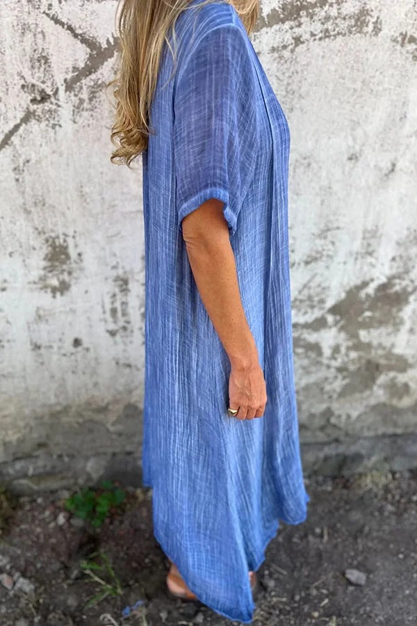 EP | Bayside Bliss mélange lin manches courtes robe midi plissée ample
