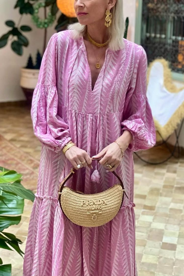 EP | Marrakech Stories Robe midi imprimée en lin mélangé avec manches ballon et poches en ligne A