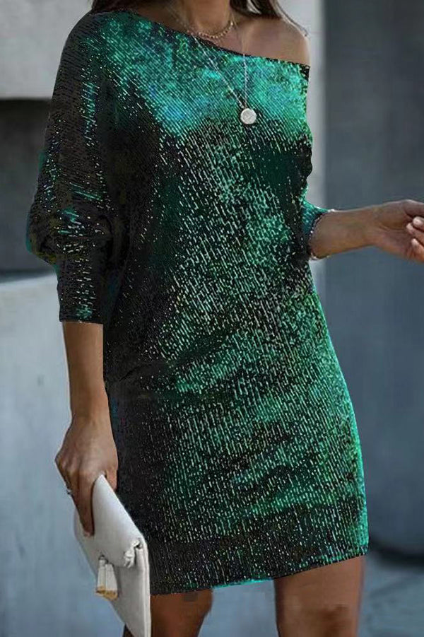 EP | Paillettes solides Off-shoulder Mini Robe en vrac