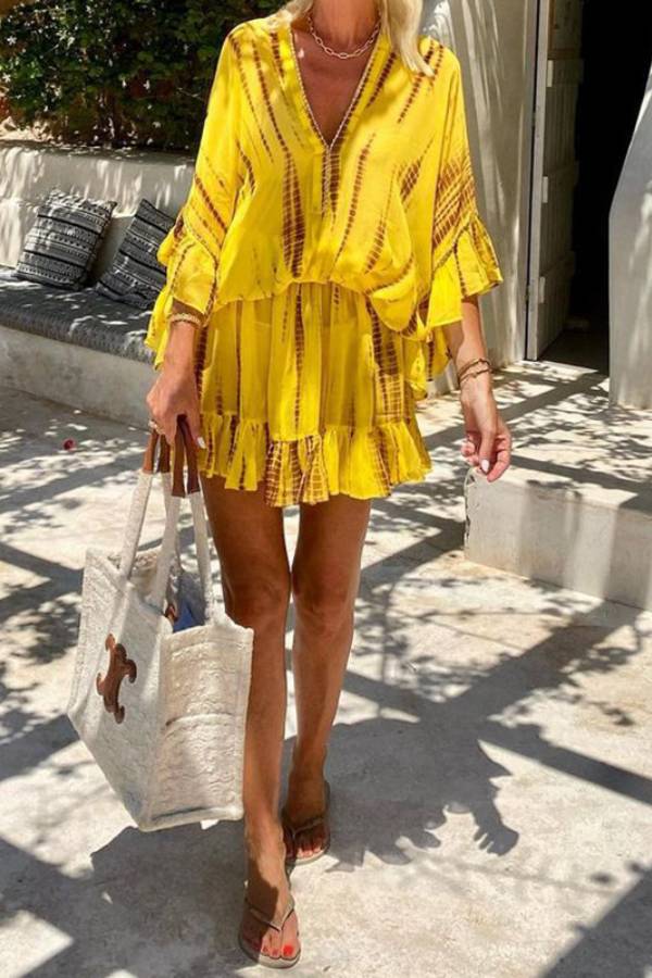 EP | Lemon Flavor Tie Dye Ruffle Batwing Sleeve Elastic Waist Mini-robe de caftan