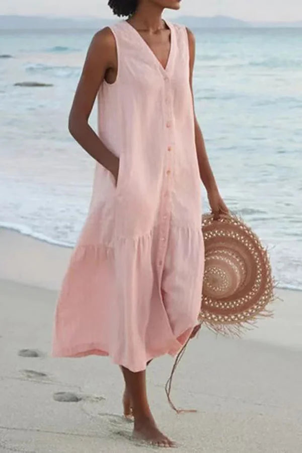 ND | Longue robe sans manches avec boutons et décolleté en V