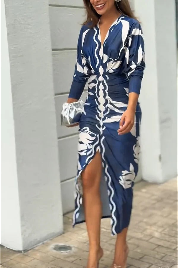 EP | Caliana Imprimé unique Dolman manches longues ruché fente robe midi