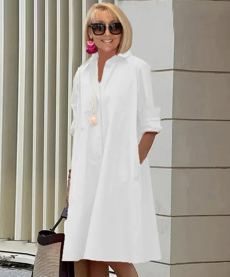 ND | Printemps/Été Nouveau Type de Mode Tempérament Col Chemise Manches Longues Pocket Robe Demi-Longue