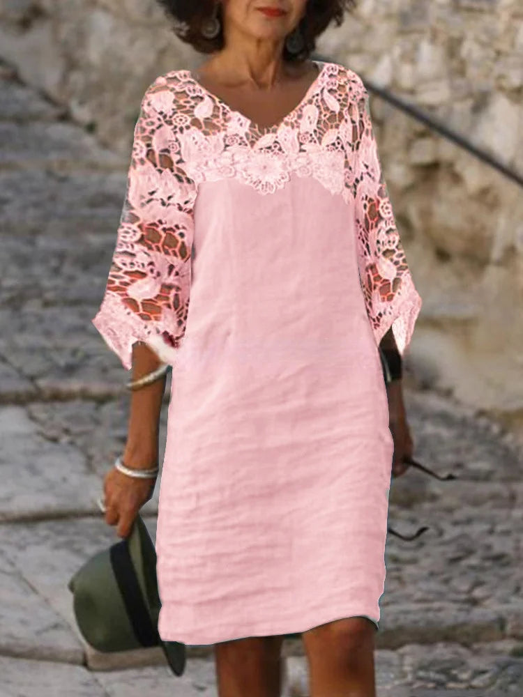 ND | Robe simple col en coton et lin à manches courtes pour femme