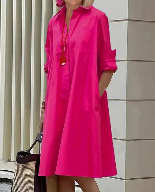 ND | Printemps/Été Nouveau Type de Mode Tempérament Col Chemise Manches Longues Pocket Robe Demi-Longue