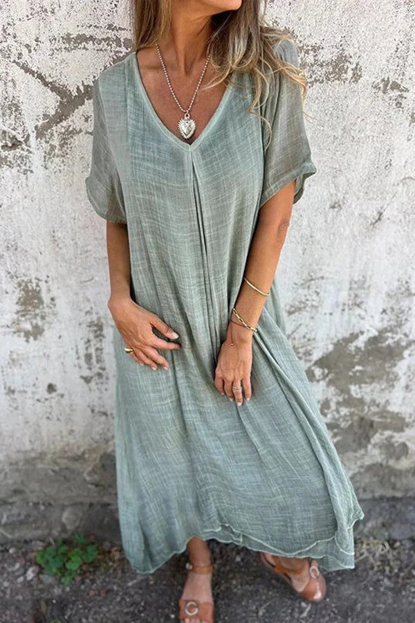 EP | Bayside Bliss mélange lin manches courtes robe midi plissée ample