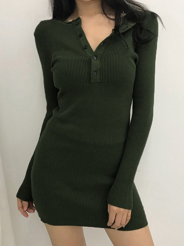 EP | Patte de boutonnage Tricot côtelé Mini-robe à manches longues
