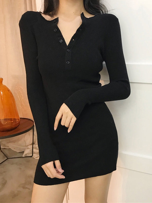 EP | Patte de boutonnage Tricot côtelé Mini-robe à manches longues