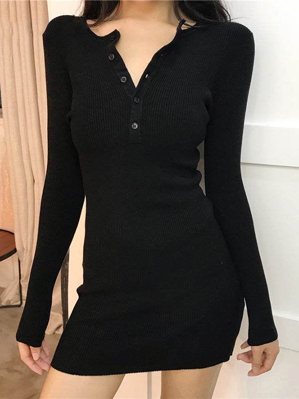 EP | Patte de boutonnage Tricot côtelé Mini-robe à manches longues