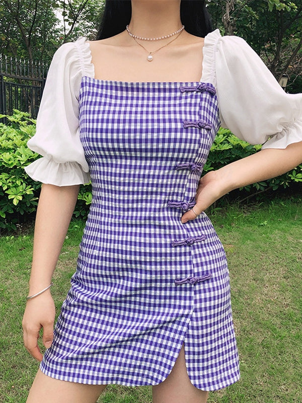 EP | Mini-robe à carreaux patchwork avec manches bouffantes