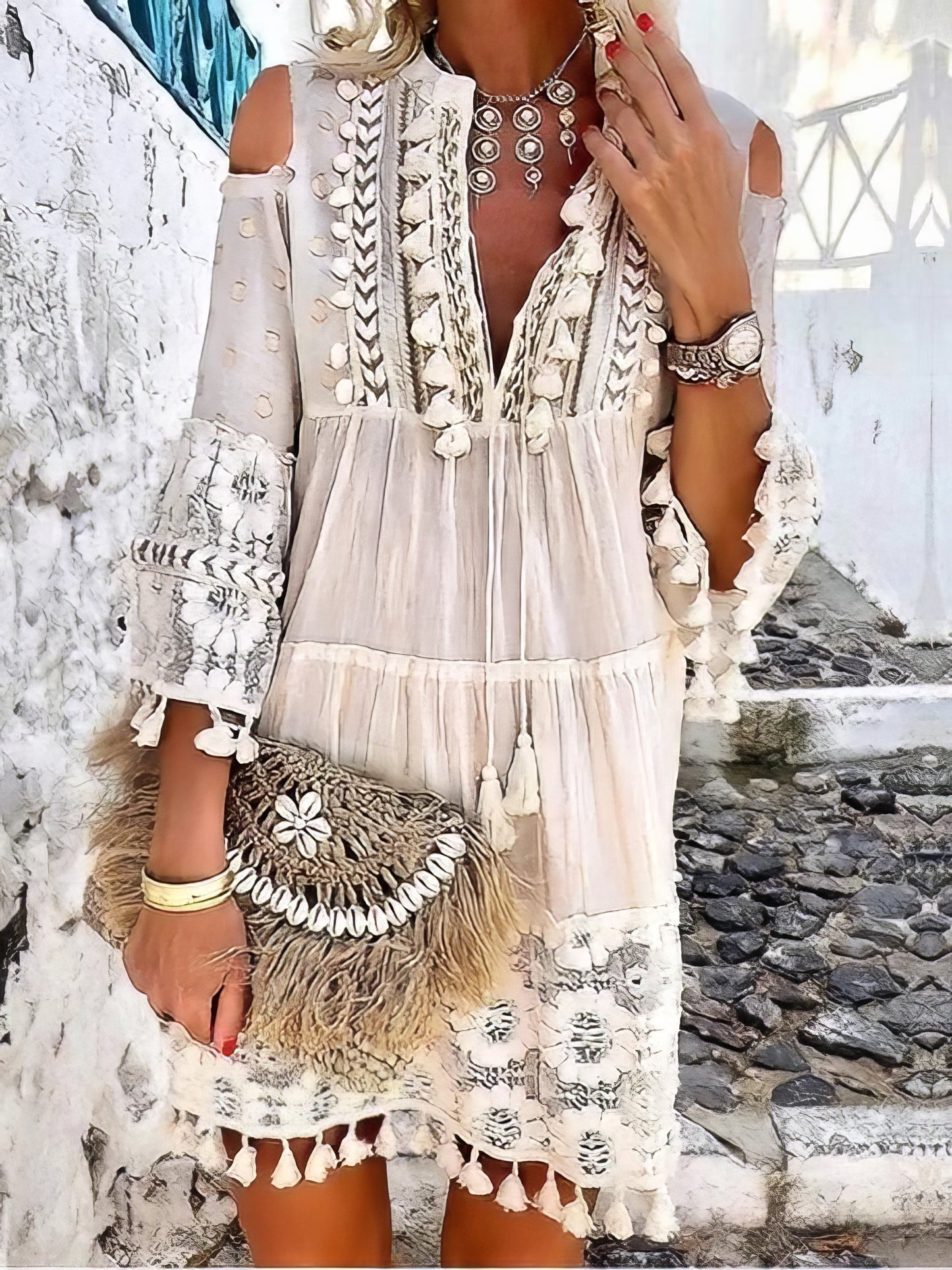 EP | Fashion Col V Dentelle Franges Mini-robe