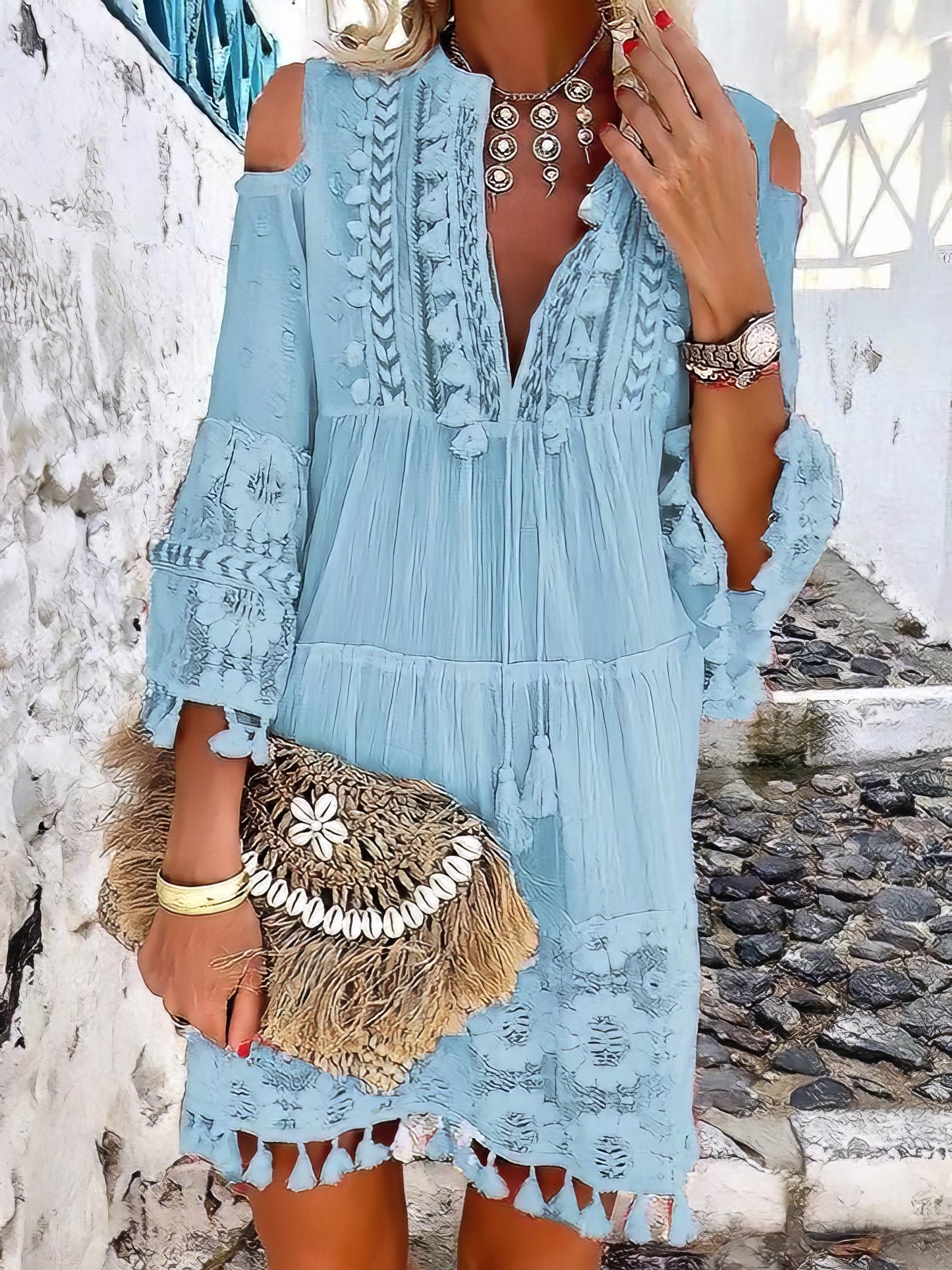 EP | Fashion Col V Dentelle Franges Mini-robe