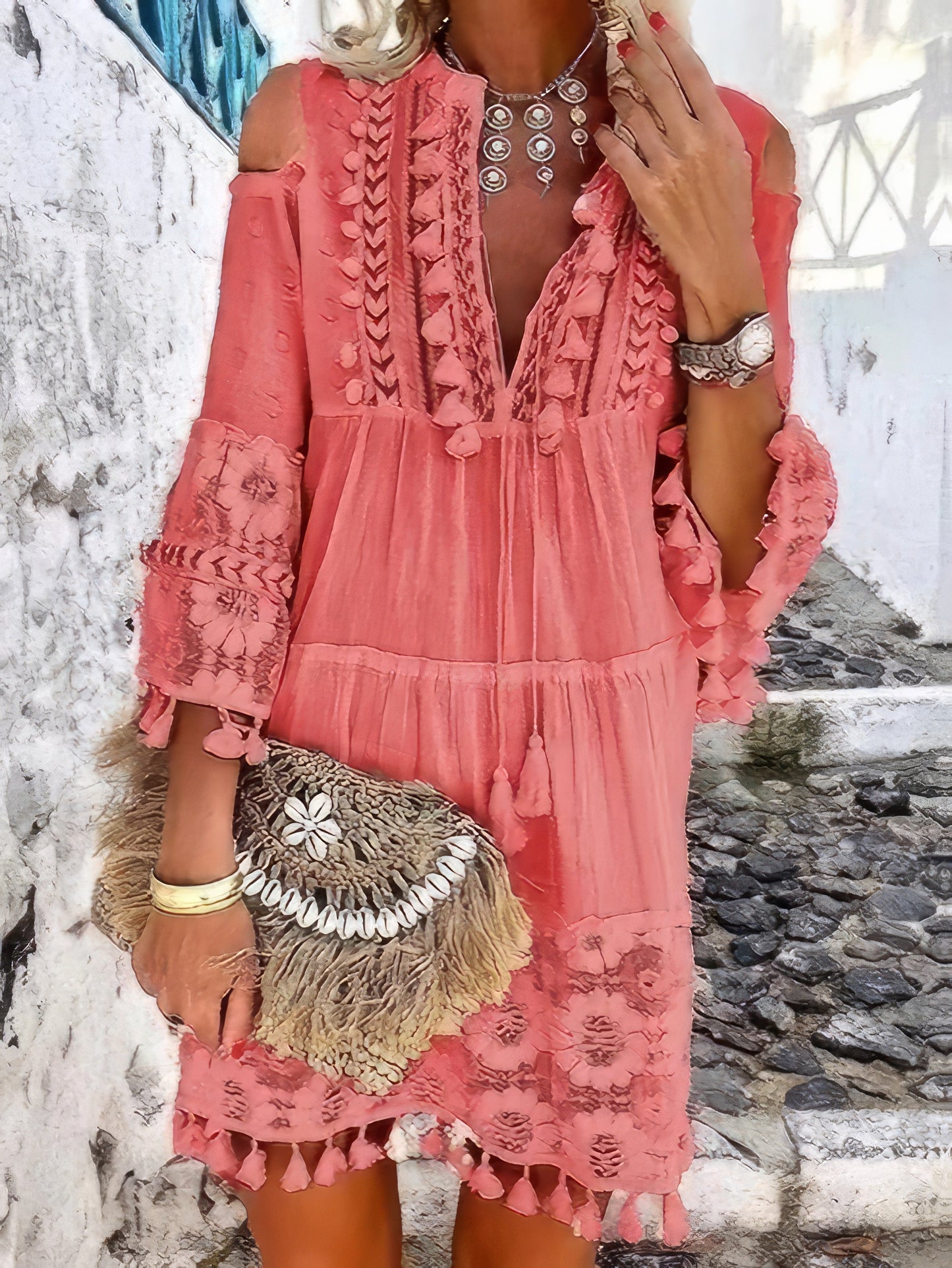 EP | Fashion Col V Dentelle Franges Mini-robe