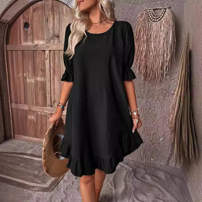 EP | Couleur Solide Décontractée Robes Courtes Décontractées Pour Femmes Eté A-Line Robe Midi