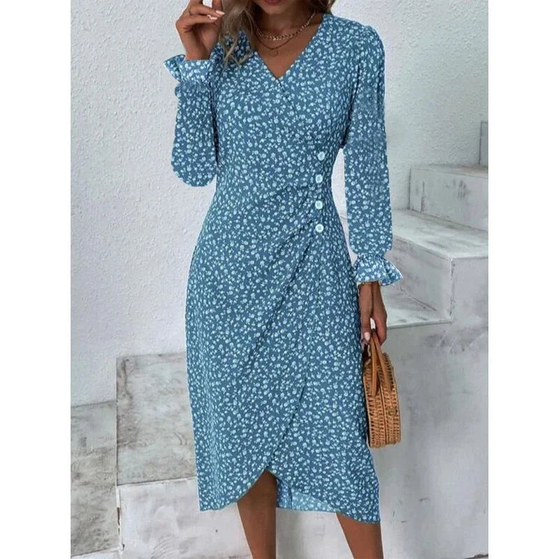 EP | Elégante robe midi florale plissée avec manches bouffantes et décolleté en V