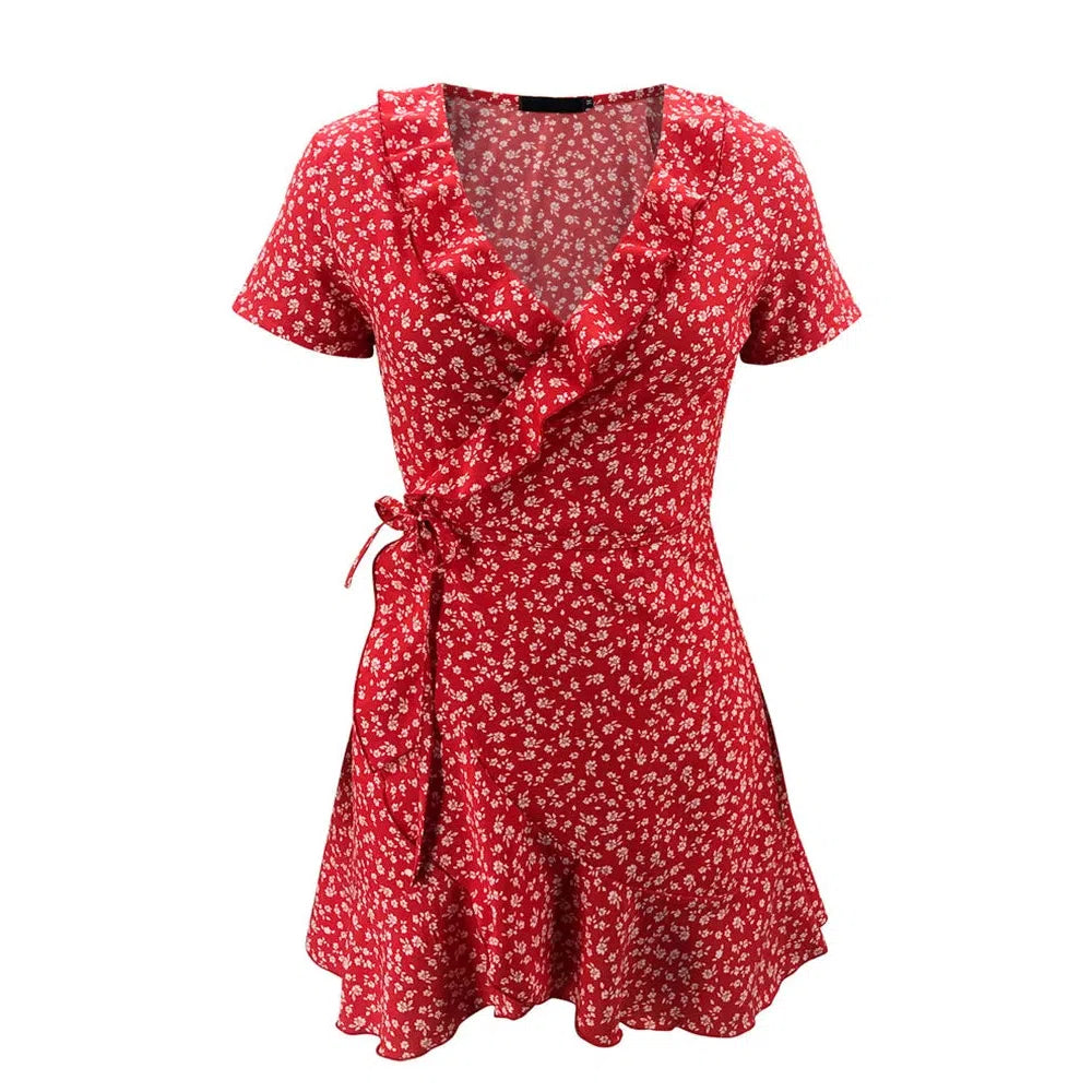 EP | Eté Femme Floral A-Line Robe Elégante Ruffle V-cou Mini-robe