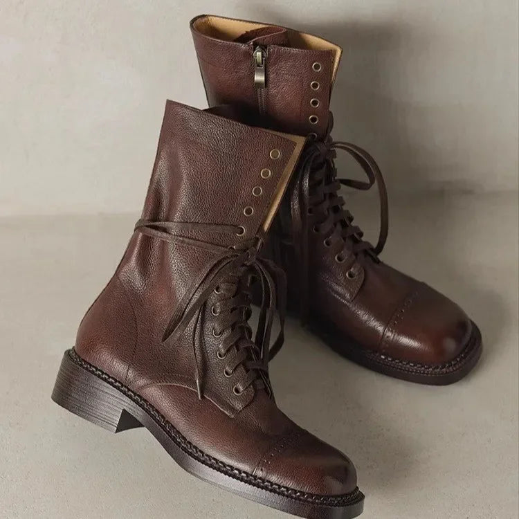 2024 autumn/winter new women's cow leather lace-up mid-calf motorcycle boots square toe high quality soft half boots