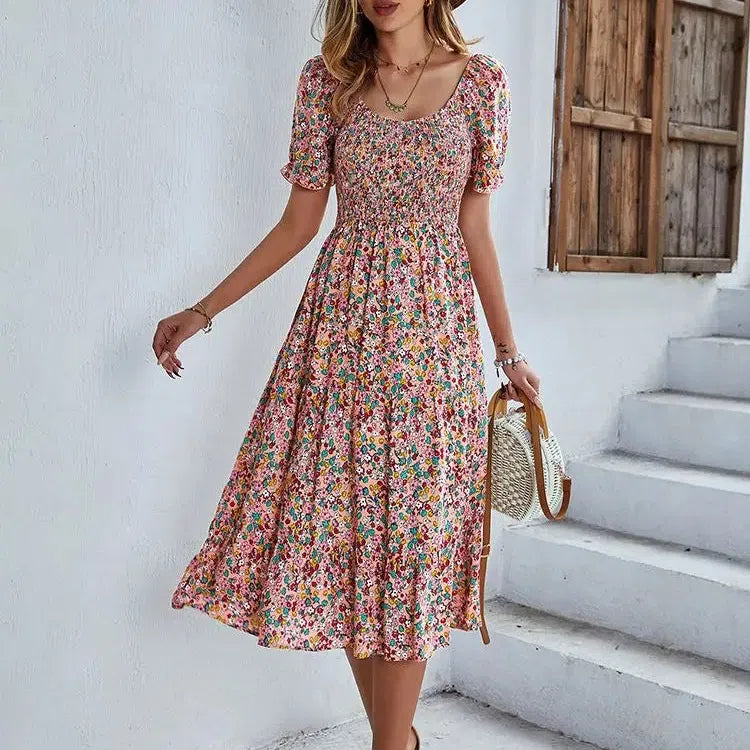 EP | Bohemia Print Robe Femme Nouvelle robe midi été manches bouffantes