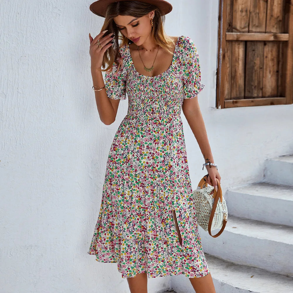 EP | Bohemia Print Robe Femme Nouvelle robe midi été manches bouffantes