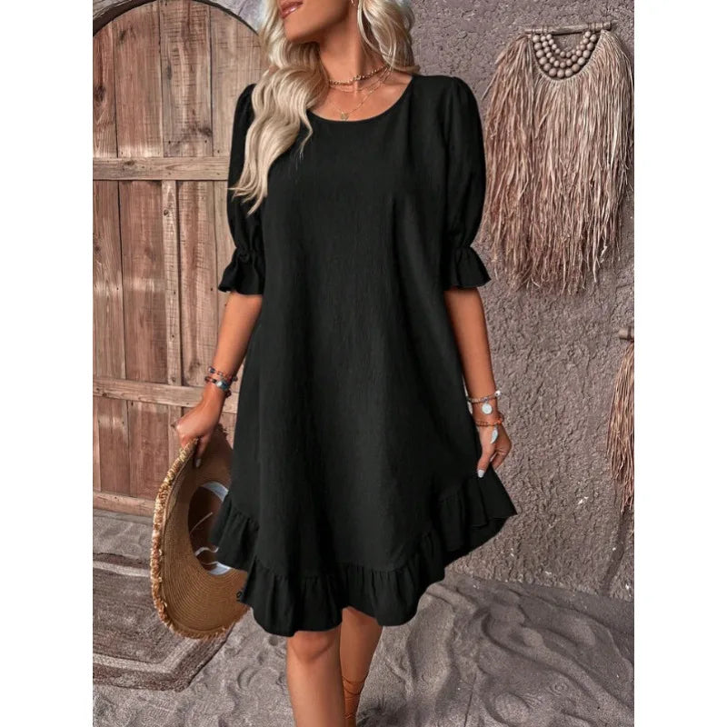EP | Couleur Solide Décontractée Robes Courtes Décontractées Pour Femmes Eté A-Line Robe Midi