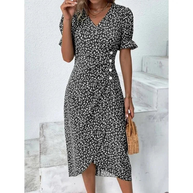 EP | Elégante robe midi florale plissée avec manches bouffantes et décolleté en V
