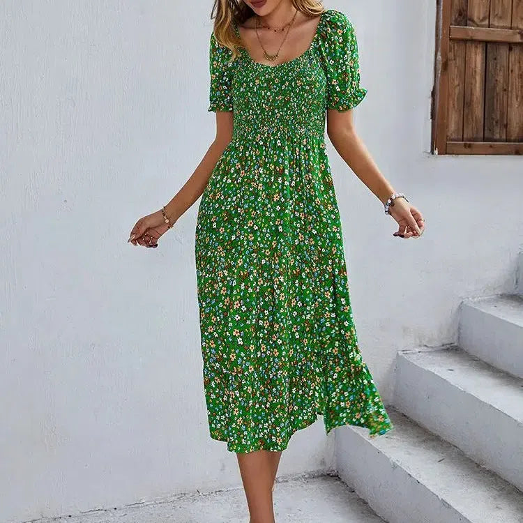 EP | Bohemia Print Robe Femme Nouvelle robe midi été manches bouffantes