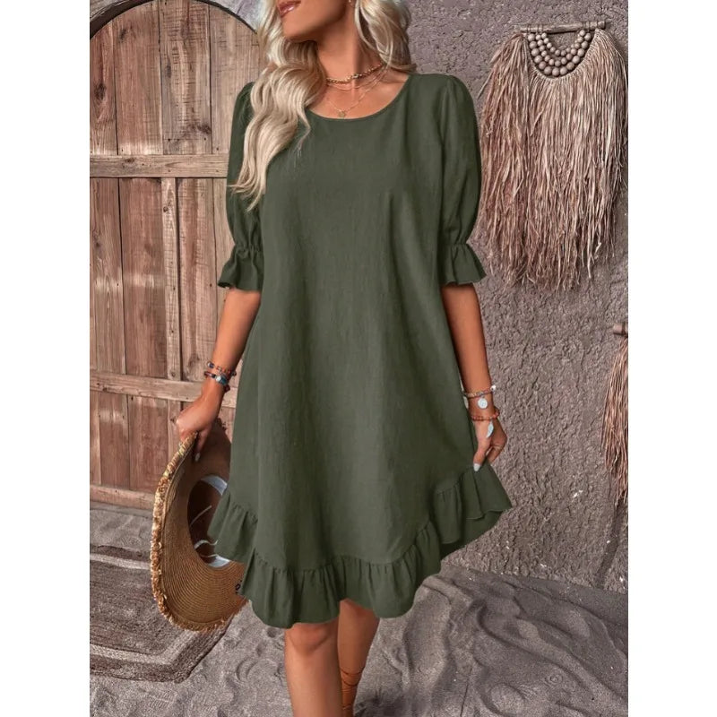 EP | Couleur Solide Décontractée Robes Courtes Décontractées Pour Femmes Eté A-Line Robe Midi