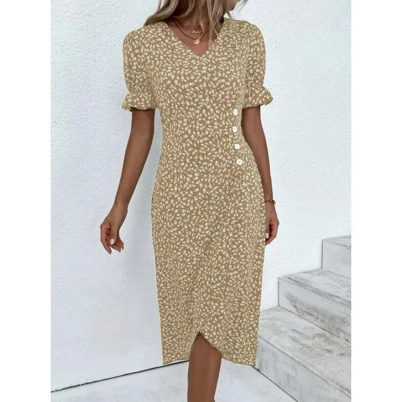EP | Elégante robe midi florale plissée avec manches bouffantes et décolleté en V
