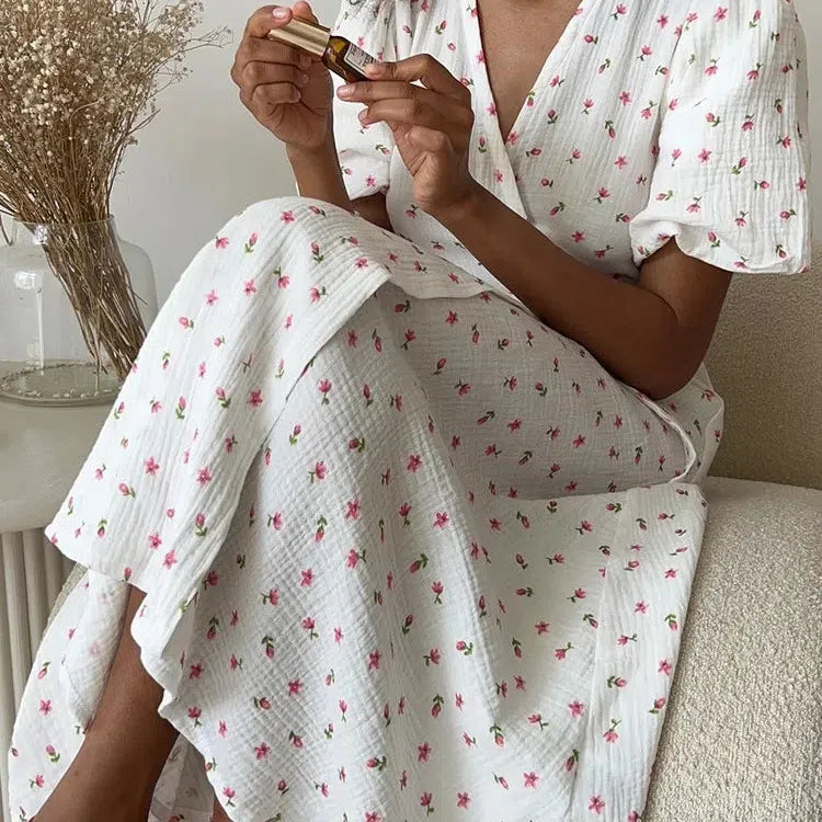 EP | Casual Femmes Robes d'été 100% Coton Imprimé Floral A-Line Robe Midi avec Fentes latérales Longue Robe blanche élégante