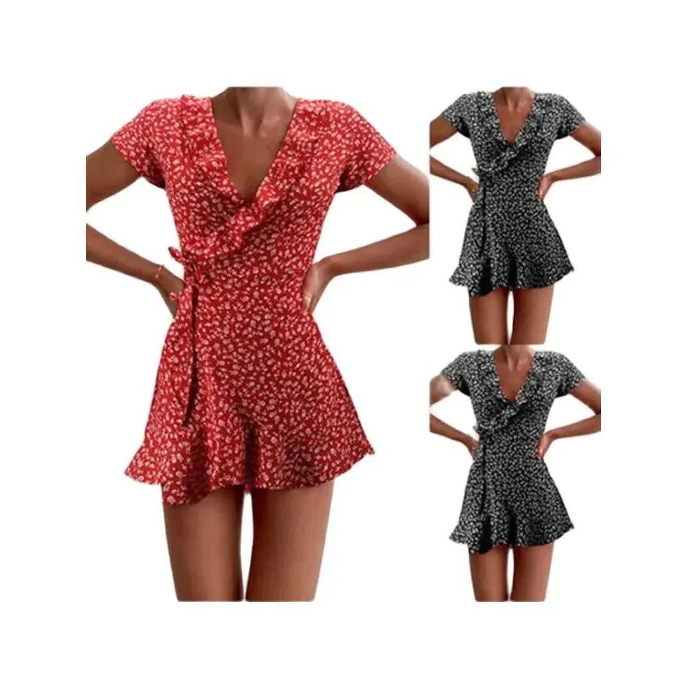 EP | Eté Femme Floral A-Line Robe Elégante Ruffle V-cou Mini-robe