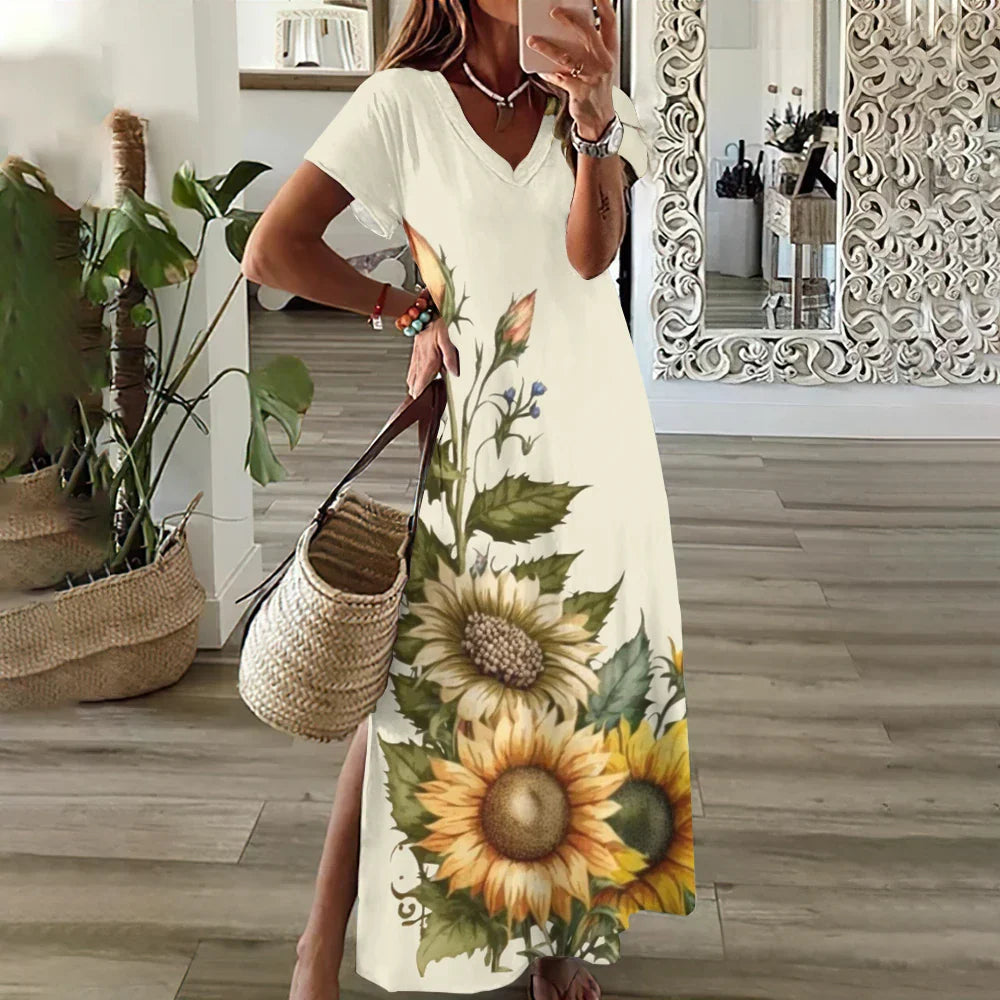 EP | Tournesol Imprimer Floral Graphique Robes pour Femmes Plus Taille Elégante Robe Midi