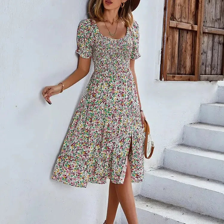 EP | Bohemia Print Robe Femme Nouvelle robe midi été manches bouffantes