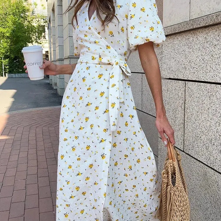 EP | Casual Femmes Robes d'été 100% Coton Imprimé Floral A-Line Robe Midi avec Fentes latérales Longue Robe blanche élégante