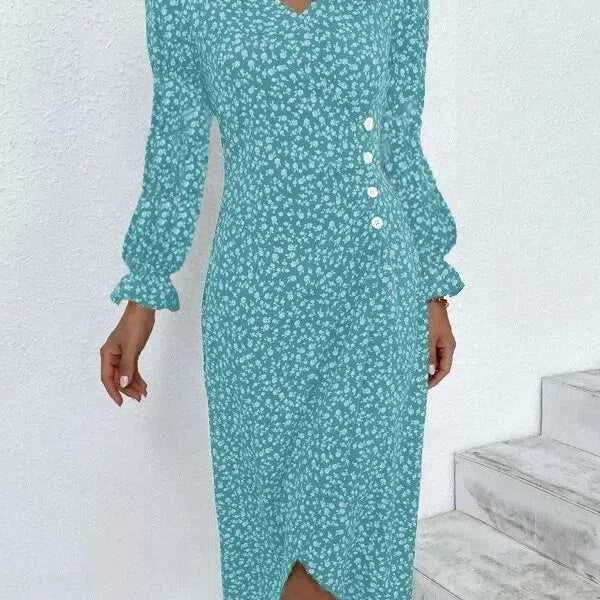 EP | Elégante robe midi florale plissée avec manches bouffantes et décolleté en V