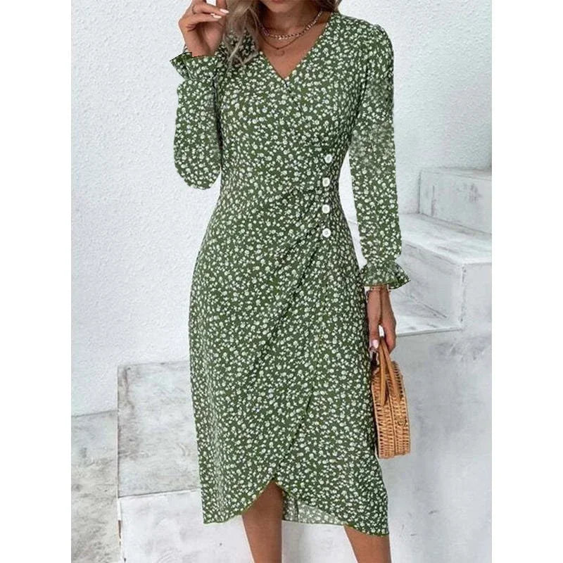 EP | Elégante robe midi florale plissée avec manches bouffantes et décolleté en V