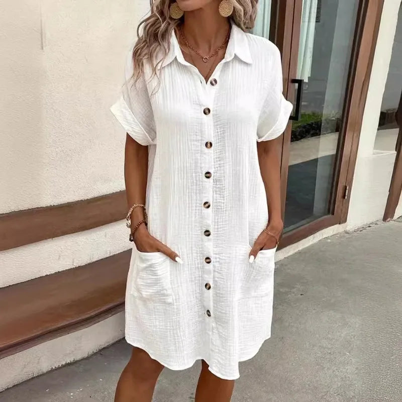 EP | Femmes Eté Casual Col V Bouton Up Robe Mi-longues Manches Courtes Lin Coton Coupe Libre pour Femmes