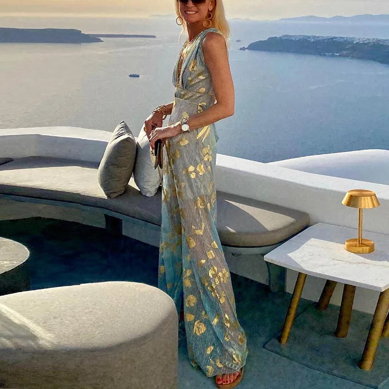 EP | robe longue fluide avec décolleté en V et finitions avec éléments brillants