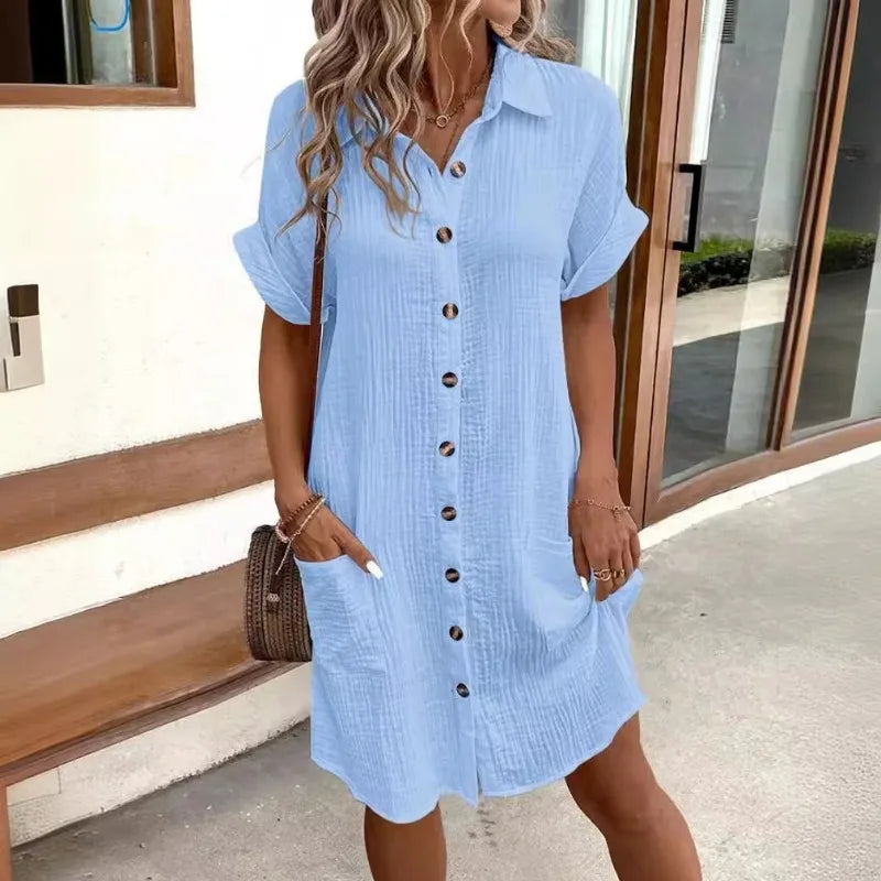 EP | Femmes Eté Casual Col V Bouton Up Robe Mi-longues Manches Courtes Lin Coton Coupe Libre pour Femmes