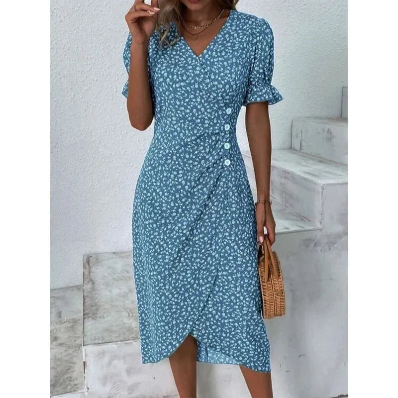 EP | Elégante robe midi florale plissée avec manches bouffantes et décolleté en V