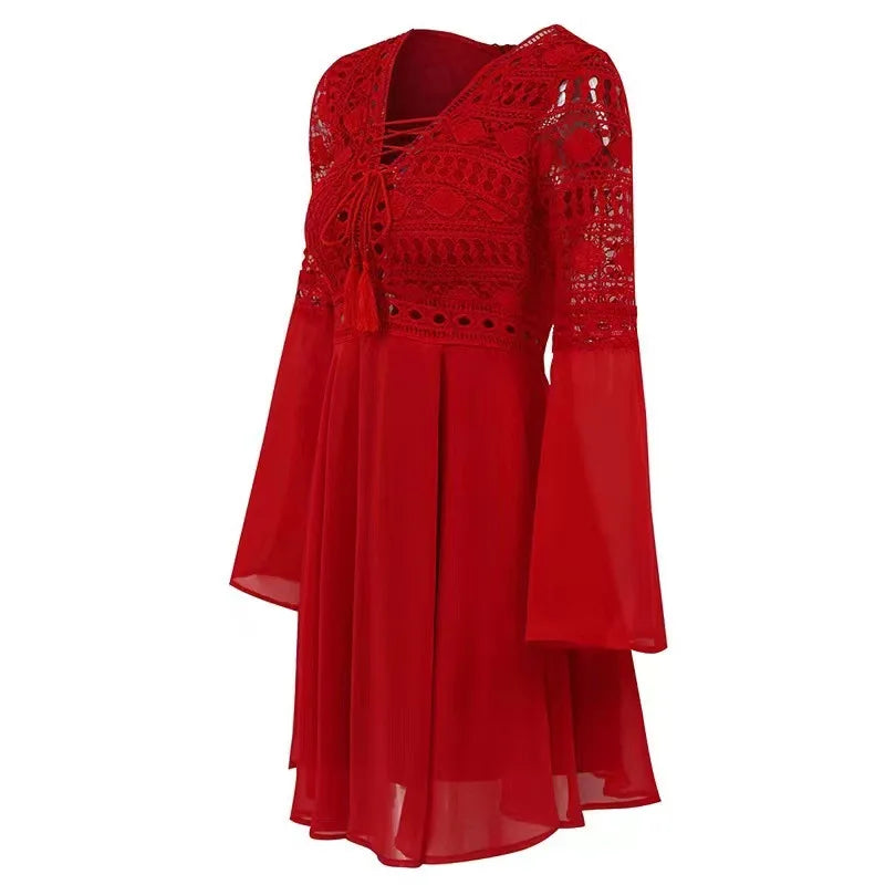 EP | Women's A Line Robe courte Mini-robe manches longues Ruffles Col V