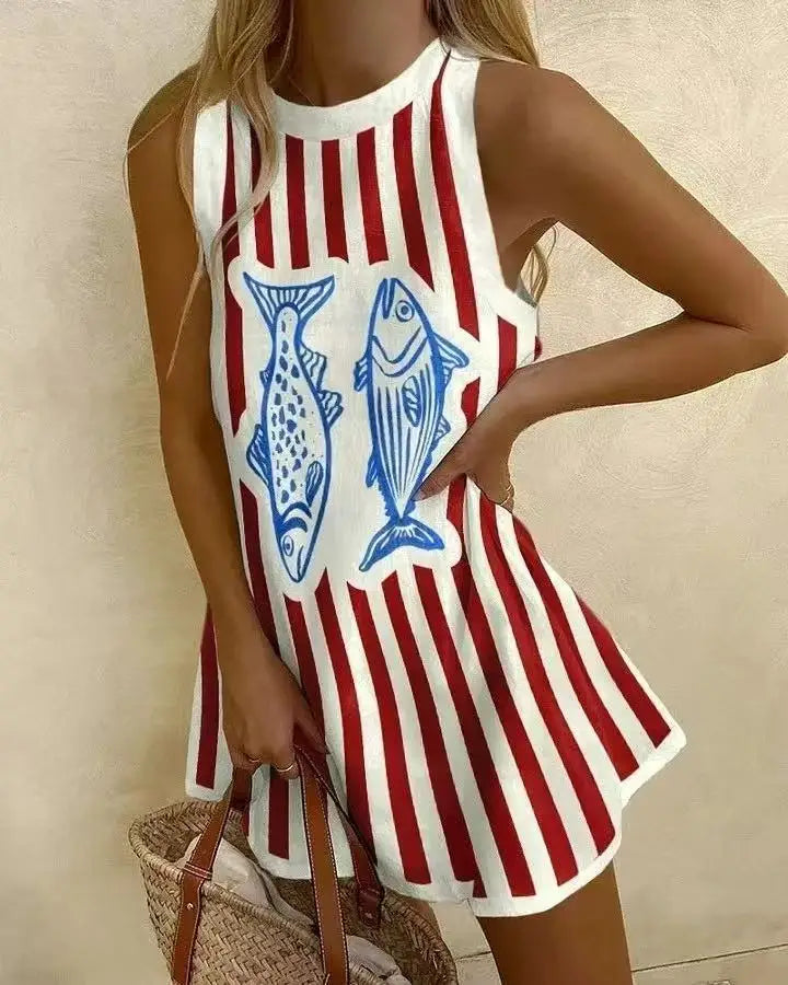 EP | Femmes Puzzle Print Robe d'été sans manches au-dessus du genou Mini robe Casual Tank Top Robe de plage pour femmes