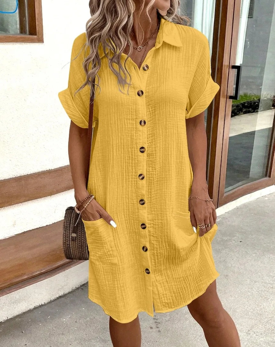 EP | Femmes Eté Casual Col V Bouton Up Robe Mi-longues Manches Courtes Lin Coton Coupe Libre pour Femmes