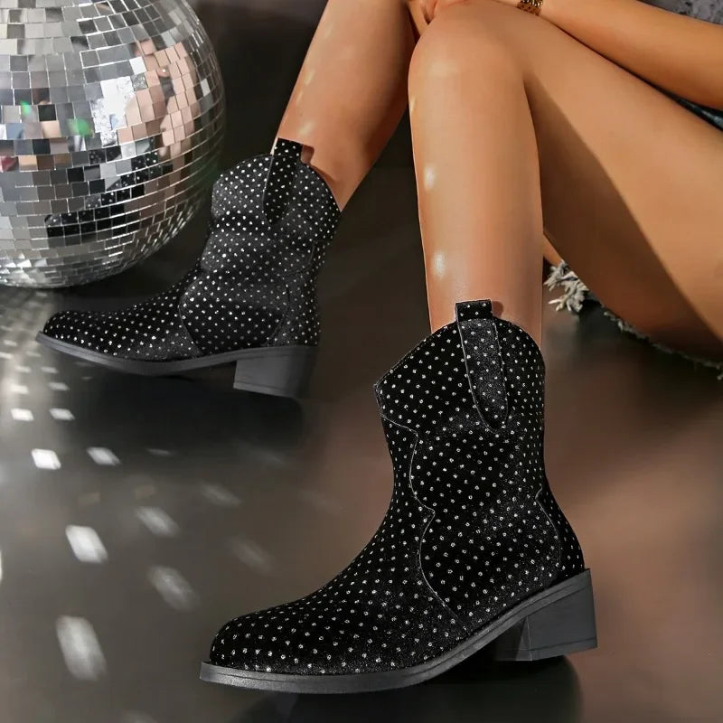 2024 Hot Sale Ladies Shoes Side Zipper Women's Boots Fashion Plus Size Modern Boots Women New Crystal Round Toe Mid-Calf Boots