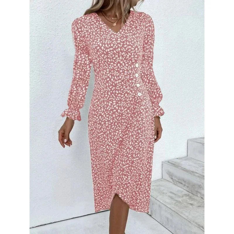 EP | Elégante robe midi florale plissée avec manches bouffantes et décolleté en V