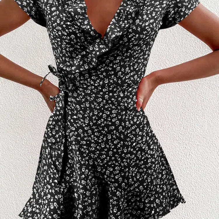 EP | Eté Femme Floral A-Line Robe Elégante Ruffle V-cou Mini-robe